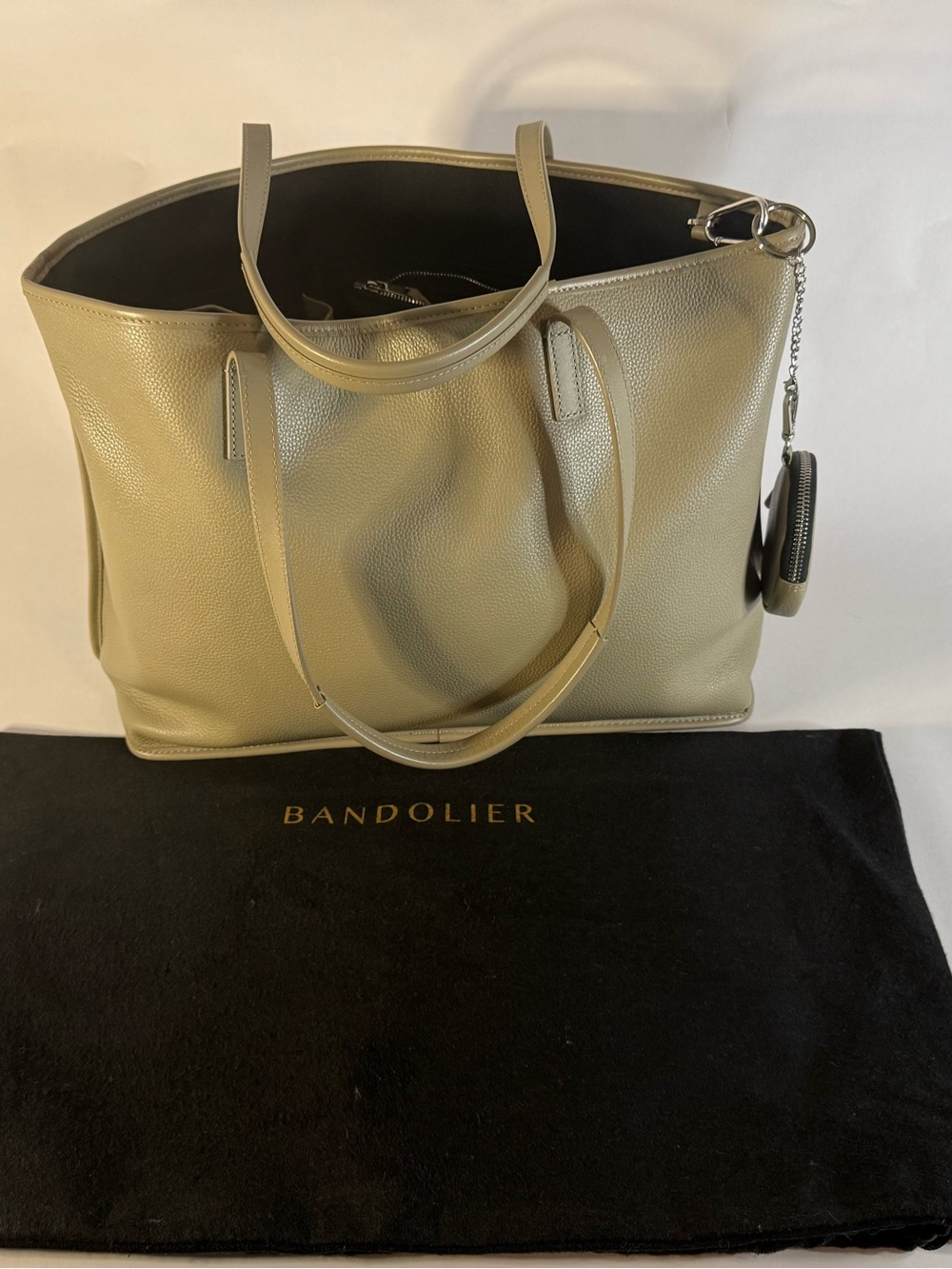Bandolier Pebbled Leather Tote Bag Neutral Beige Greige Silver Hardware Dust Bag
